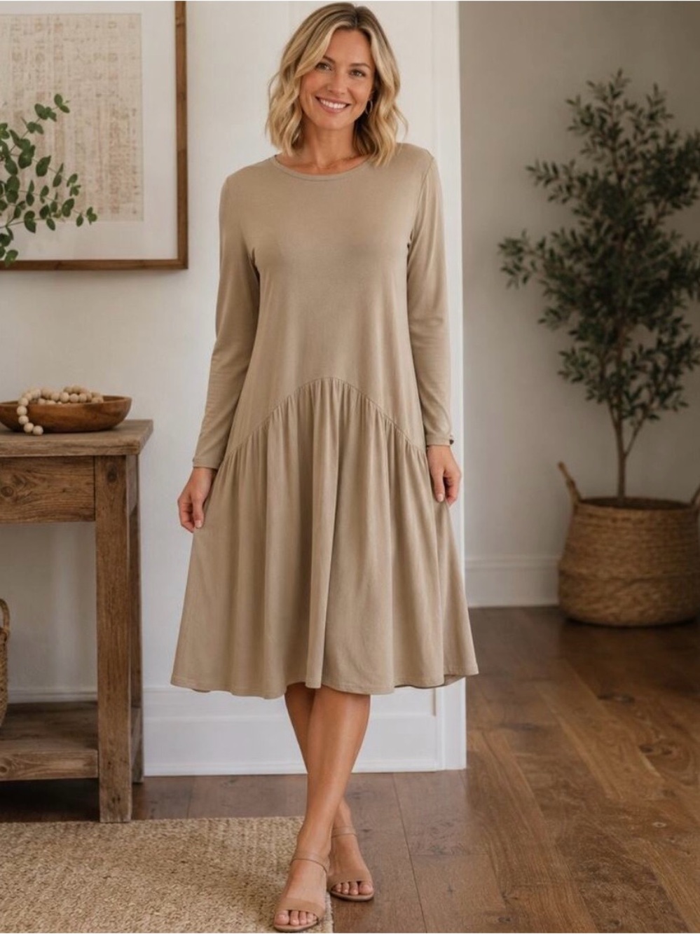 ZARA Large Soft Velvet Corduroy Ribbed 3/4 Sleeve Midi Dress Cream Size Small